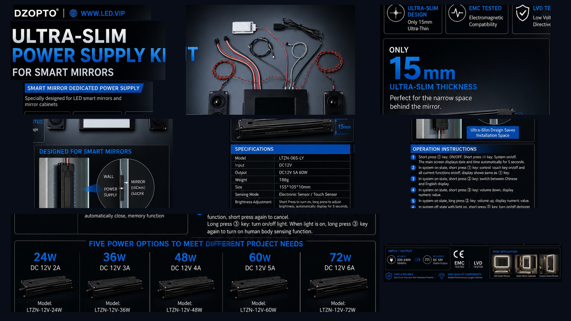 DZOPTO 15mm ultra-slim LED mirror power supply 24W to 72W
